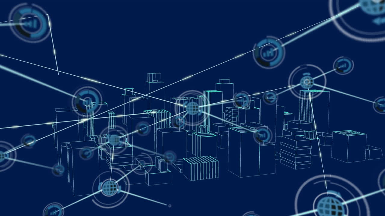 Digital animation of network of connections against 3d city model spinning on blue background