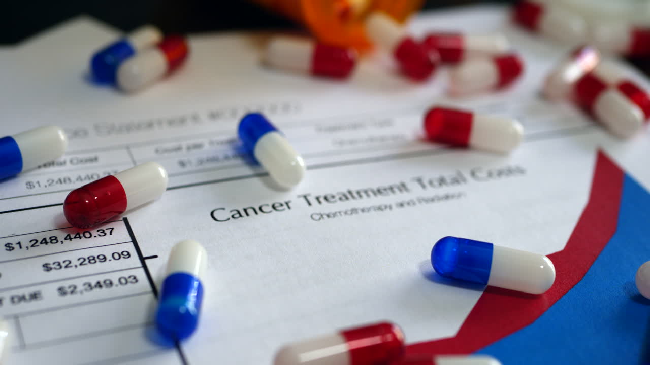 고가의 암 치료 비용을 보여주는 소품 건강 보험 양식의 고가의 약, 알약 및 암 치료제