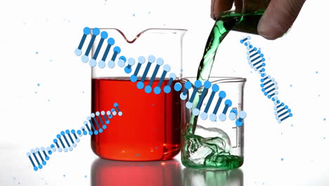 animación de cadenas de adn y fluido en vasos sobre fondo blanco