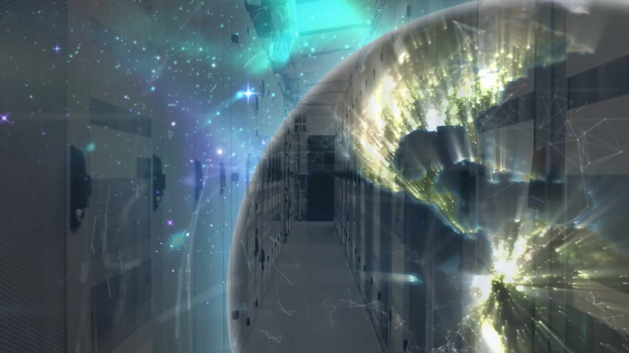 Video verticale: appare una sovrapposizione, un globo CGI si sposta su rack, inviando archi di rete ai server.
