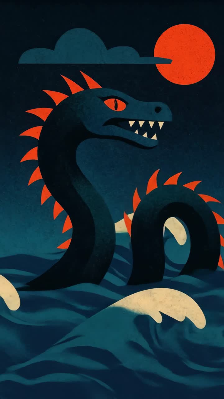 Illustrazione video stilizzata di un serpente marino con aculei rossi sotto una luna rossa.