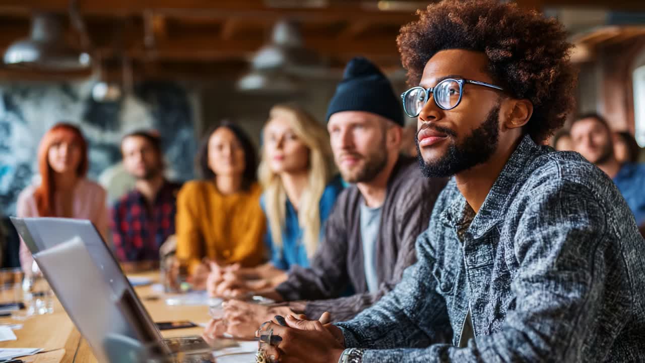 Engaged Participants in a Collaborative Meeting Environment: Diverse Individuals Focused on a Presentation, Sharing Ideas and Insights in a Modern Workspace