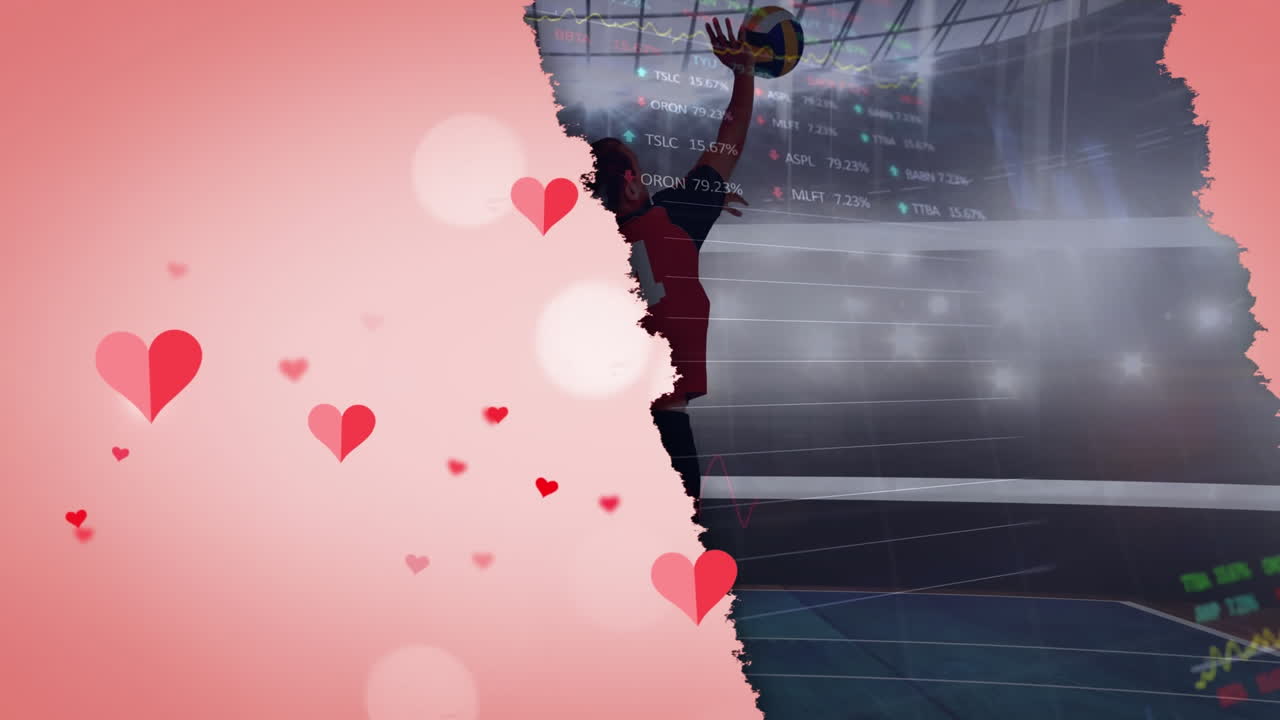 animación de iconos de corazón y procesamiento de datos sobre jugador de voleibol caucásico y estadio deportivo