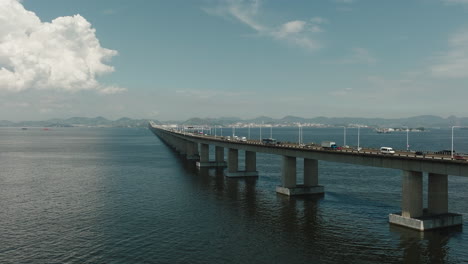 aerial birds eye view fly over vehicles drive in traffic on rio-niteroi highway motorway