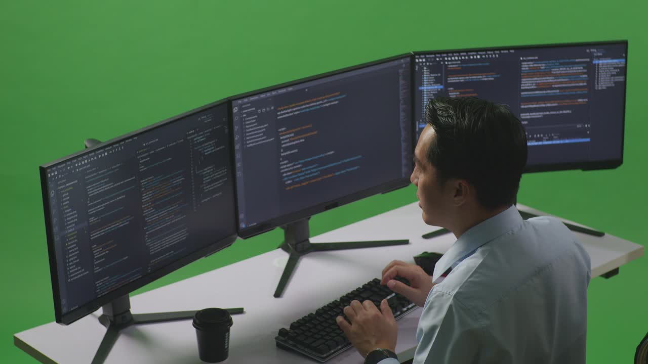 Side View Of Happy Asian Man Developer Celebrating And Dancing While Write Code With Multiple Computer Screens In Green Screen Studio