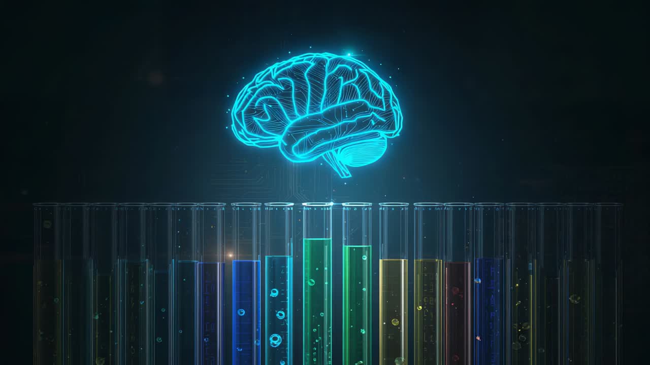 Forming under cyan hologram brain in lab, concentric rings lighting tubes with rising bubbles