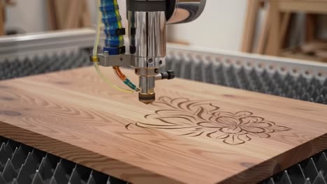 precision laser engraving technique in action: crafting detailed floral designs on softwood with advanced equipment for enhanced artistry and innovation