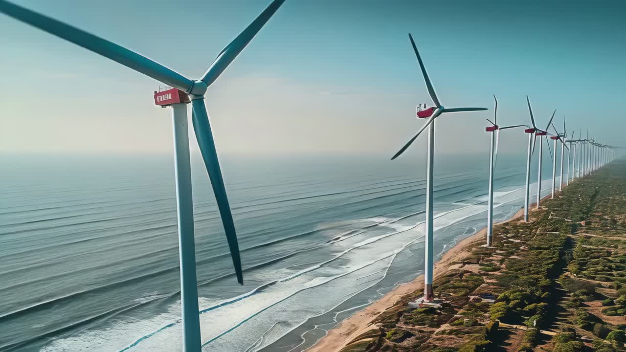 A row of wind turbines are on the beach, with the ocean in the background