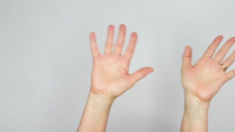 two palms sway waving hello in a greeting in front of a white background