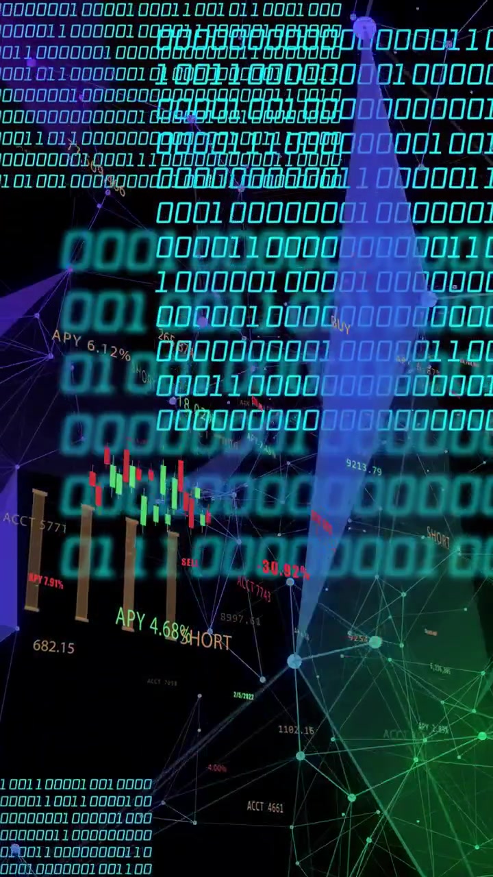 Vertical video: Binary matrix scrolling from right, hiding and revealing candles APY labels network