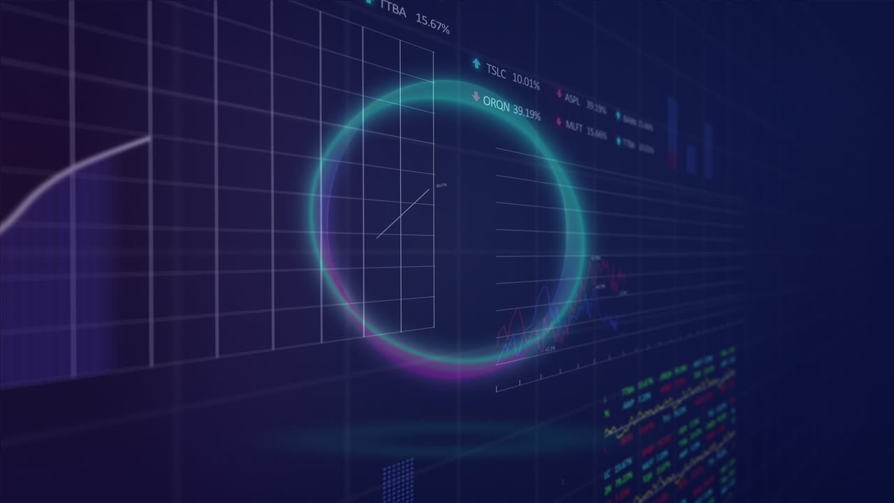 Animation of neon round shape spinning over statistical and stock market data processing