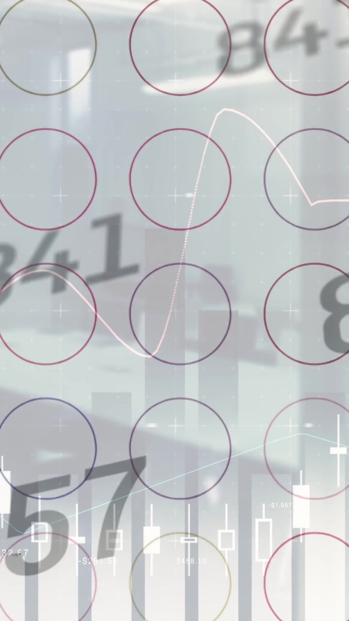 Numeri in evoluzione e forme circolari in un motivo continuo su sfondo di ufficio vuoto