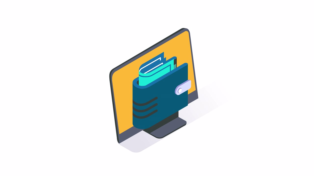 Animated Isometric Digital Wallet and Money on a Computer Screen