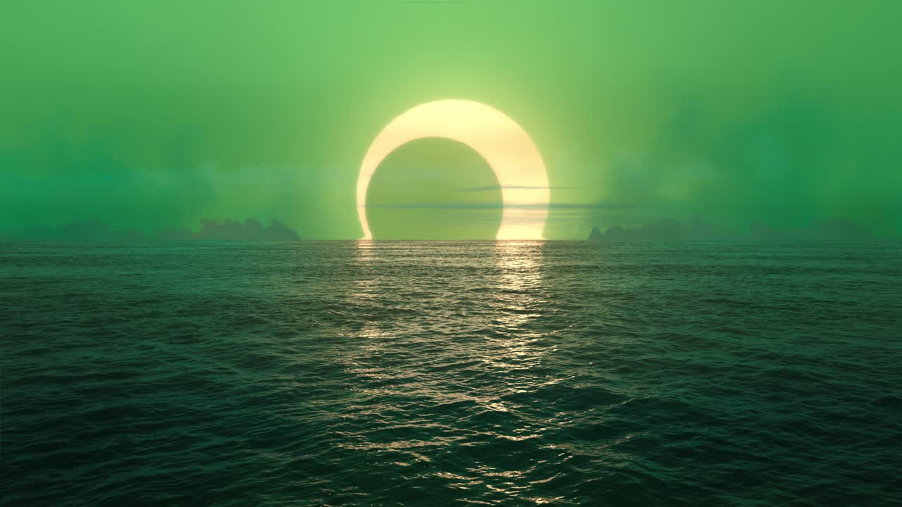 초록색 행성 - 해가 지고 태양 일식이 원활하게 루프 된 바다 위에 있습니다.