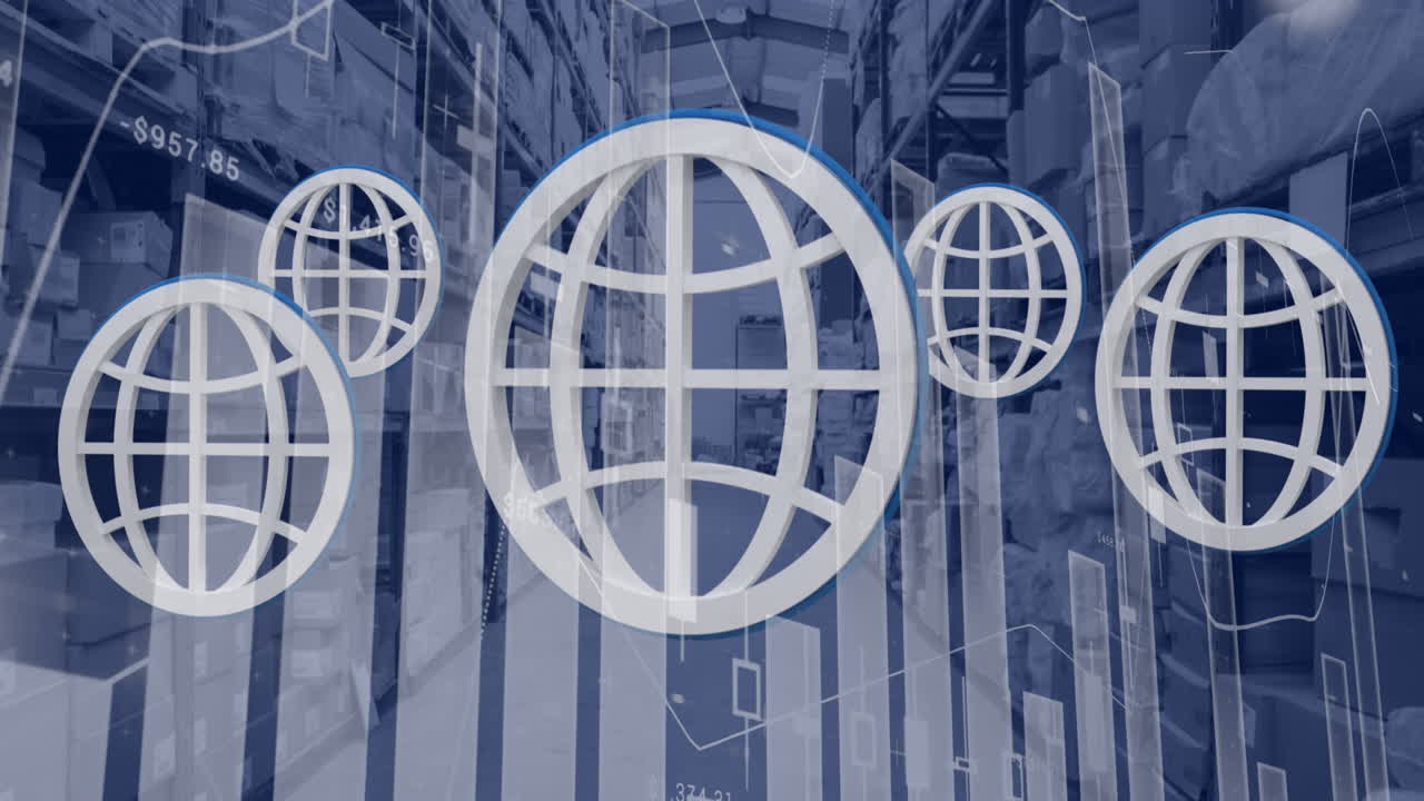 창고 위에 있는  ⁇ 색 지구의 애니메이션