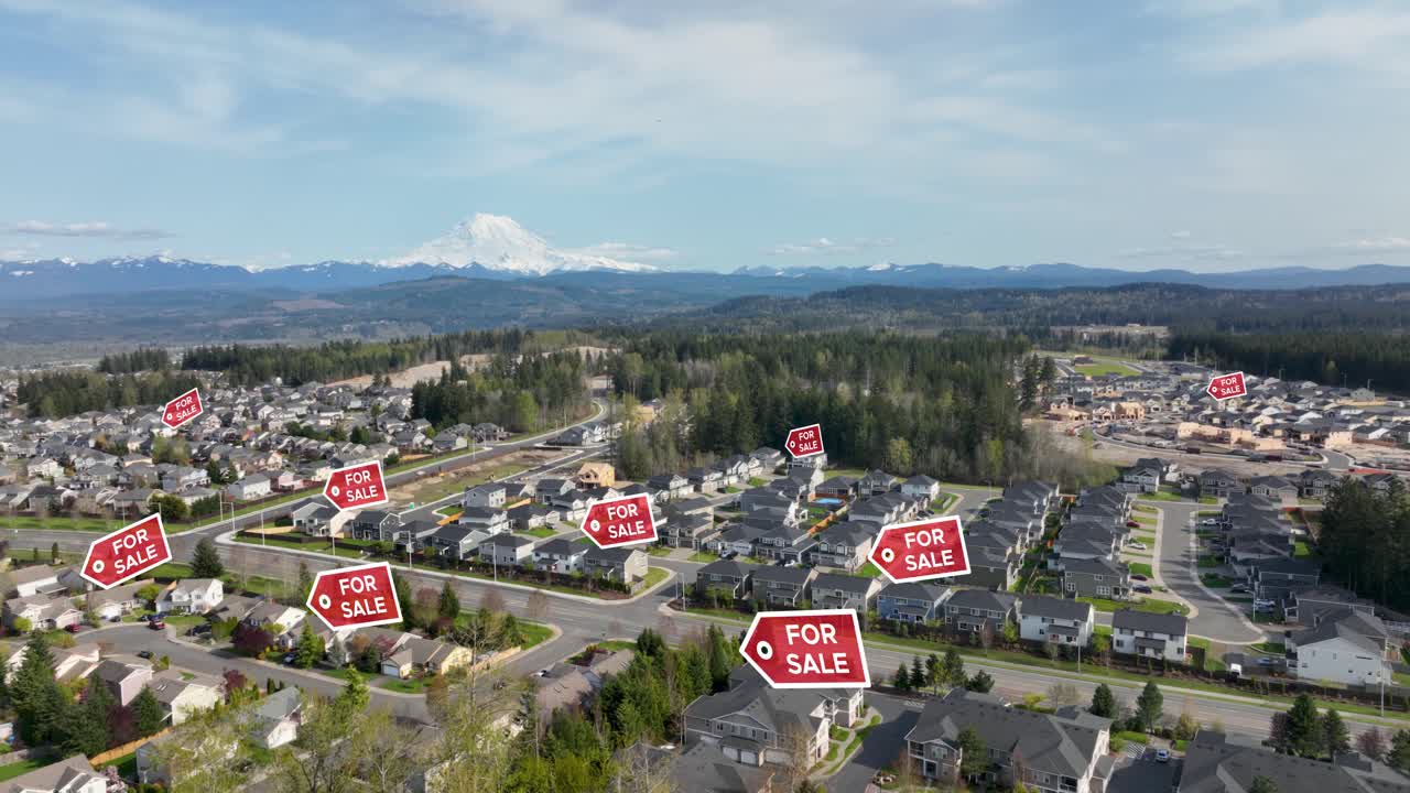 Houses in a suburban neighborhood with &amp;quot;FOR SALE&amp;quot; signs animating above them