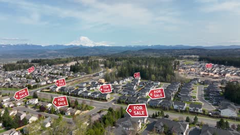 houses in a suburban neighborhood with "for sale" signs animating above them