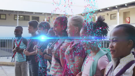students lining up outside school, with backpacks, motion graphics confetti and lens flare