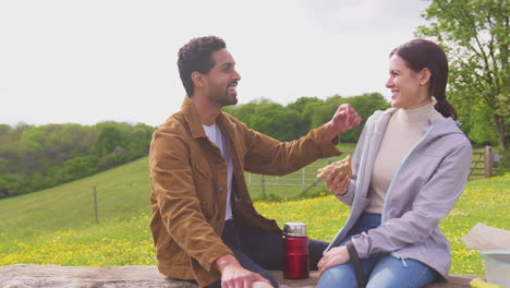 Couple-with-pet-Golden-Retriever-dog-on-walk-in-countryside-sit-on-bench-and-enjoy-picnic-together---shot-in-slow-motion