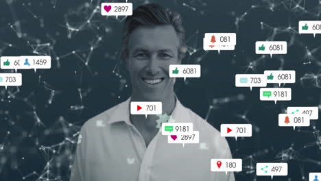 social media engagement animation over smiling man with various notification icons