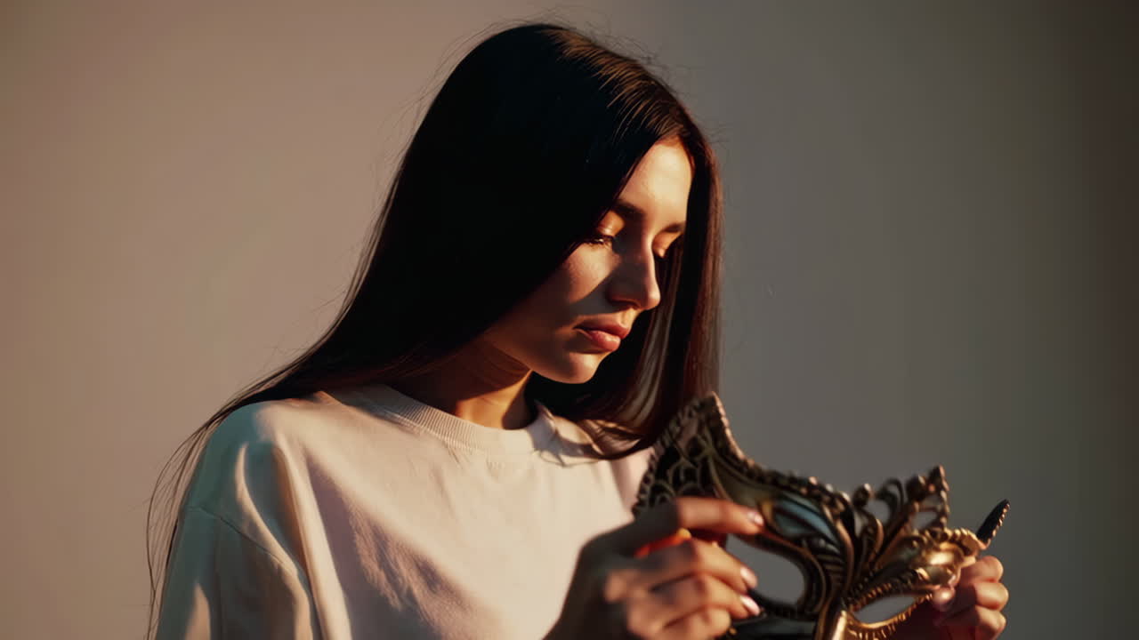 A woman holding an ornate Venetian mask to her face