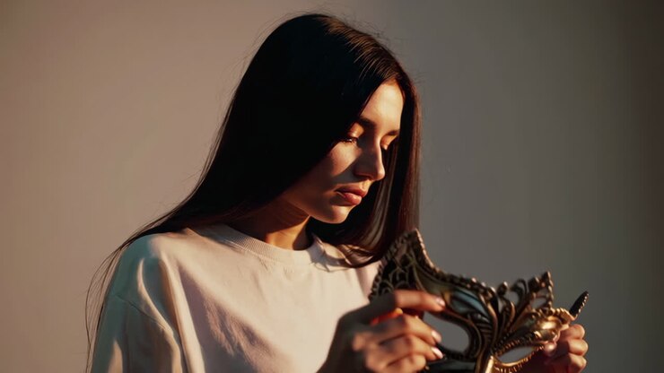 Una donna che tiene una maschera veneziana ornata al viso