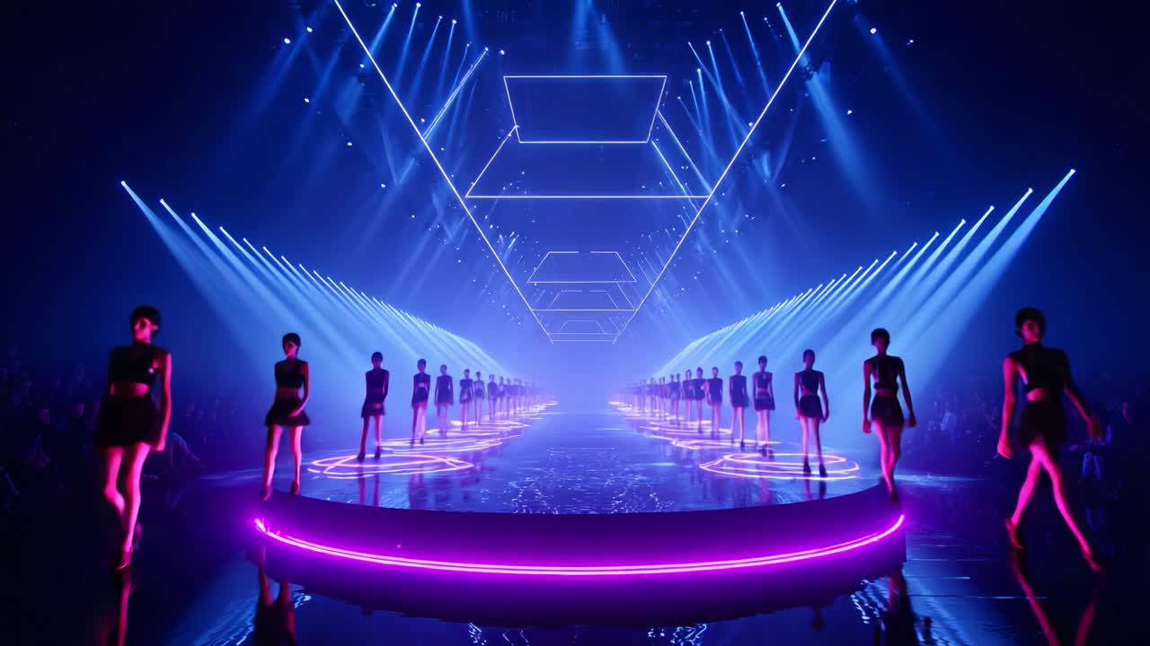 A Captivating Fashion Showcase Illuminated by Striking Lights: Dazzling Models Grace the Runway in Stunning Outfits Amidst a Vibrant Display of Digital Artistry and Spectacular Visuals