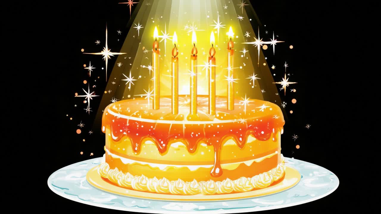 A Vibrant Celebration of a Stunningly Decorated Cake with Five Glimmering Candles, Radiating Bright Light and Sparkling Stars, Perfect for Birthdays and Festive Occasions