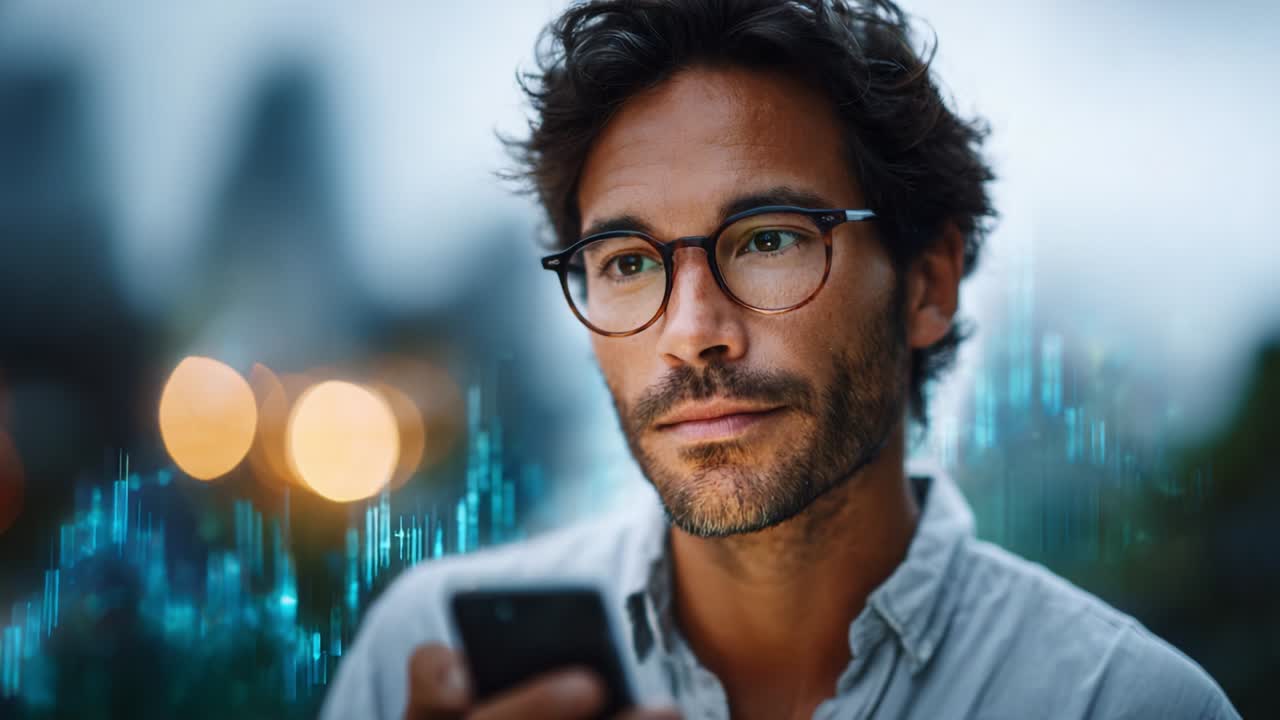 A thoughtful man gazes at his smartphone, surrounded by an abstract representation of data trends and urban bokeh, reflecting the intersection of technology, finance, and personal reflection in a modern world