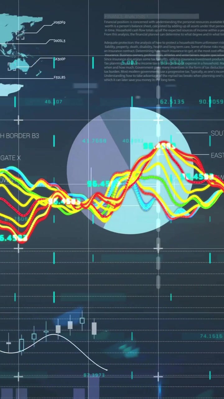 Animation of colorful financial graphs and data charts on world map statistics