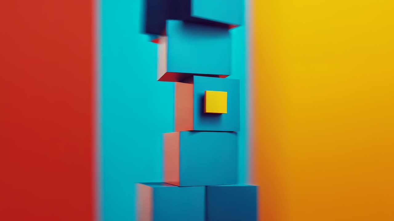 Rotating blue cube column revealing sliding yellow cube in corridor, crimson and mustard background
