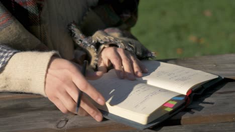 student places notebook on bench and fixes ribbon bookmark