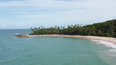 Dolly-in-wide-aerial-drone-shot-of-the-famous-tourist-destination-Coqueirinhos-beach-in-Paraiba,-Brazil-surrounded-by-palm-trees-with-people-swimming-and-enjoying-the-shade-under-colorful-umbrellas