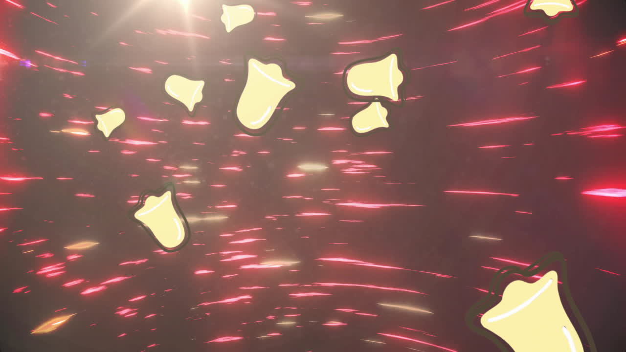 Golden bells animation over red and pink light streaks background