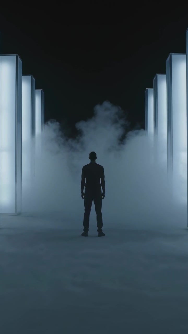 Vertical video: Standing man in dark outfit and cap on set, fog rising around lit pillars for drama