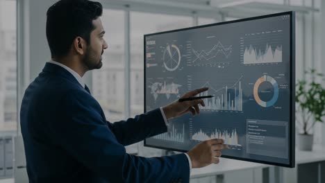 business professional engaged with advanced data visualization on a touchscreen display, analyzing key performance indicators and trends in a modern office environment