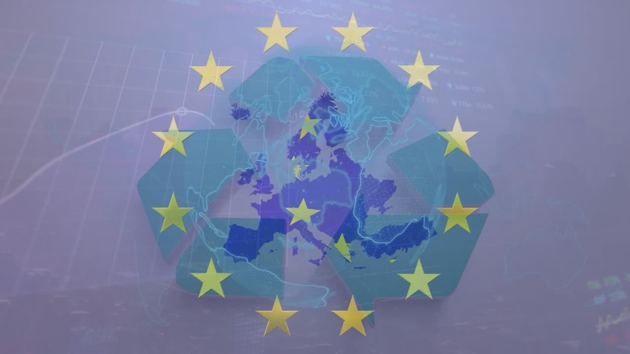 Animazione di elaborazione dati e simbolo del riciclo sopra la bandiera dell'UE e il mercato azionario.