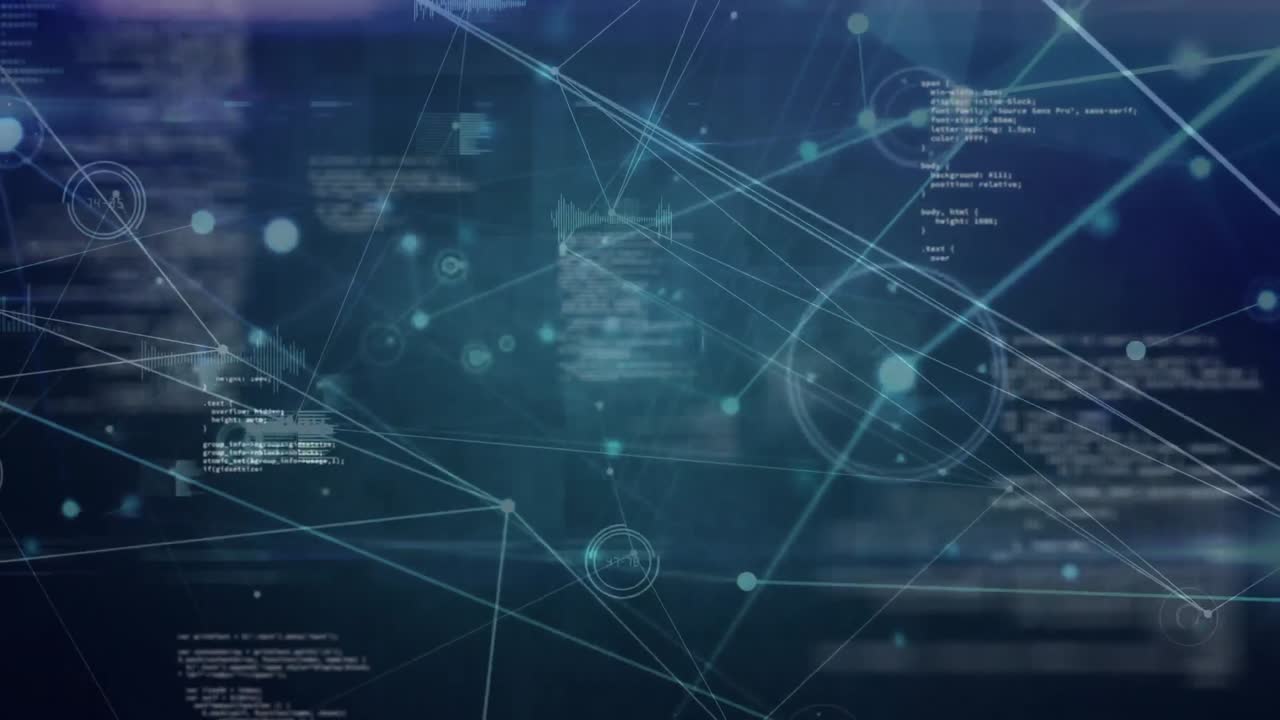 Network of data and connections on dark blue background