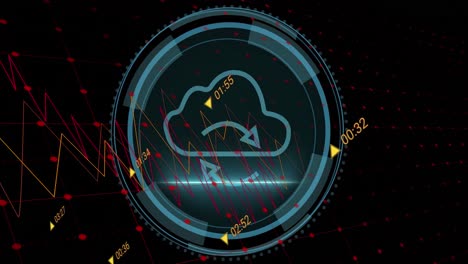 Animación-Del-Procesamiento-De-Datos-Sobre-Un-Banner-De-Texto-De-Seguridad-Cibernética-Y-Un-Icono-De-Nube-Sobre-Fondo-Negro