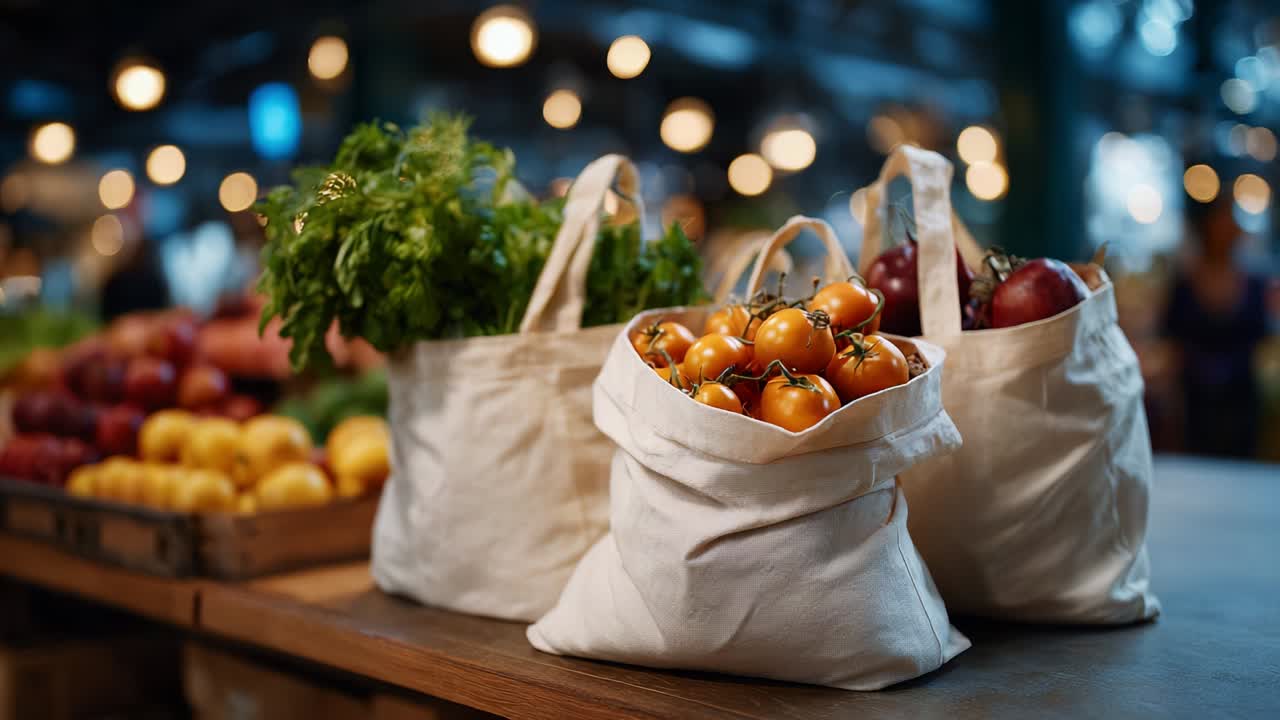 A Vibrant Display of Fresh Produce in Reusable Bags at a Bustling Market, Showcasing the Rich Colors and Textures of Tomatoes, Apples, and Fresh Herbs, Capturing the Essence of Local Agriculture and Sustainability