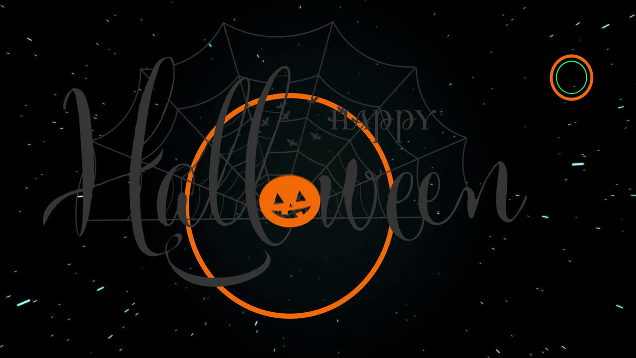Pumpkin face and spider web creating Halloween animation on dark background