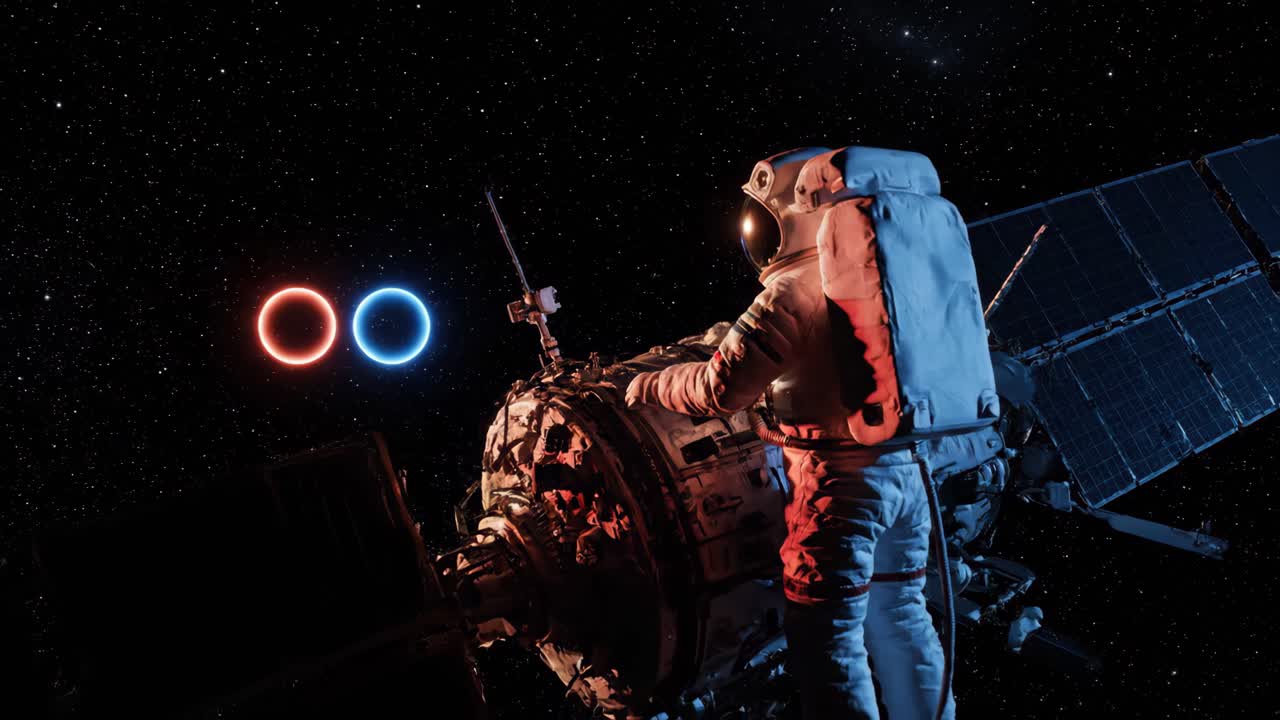 Astronaut working on a satellite in space