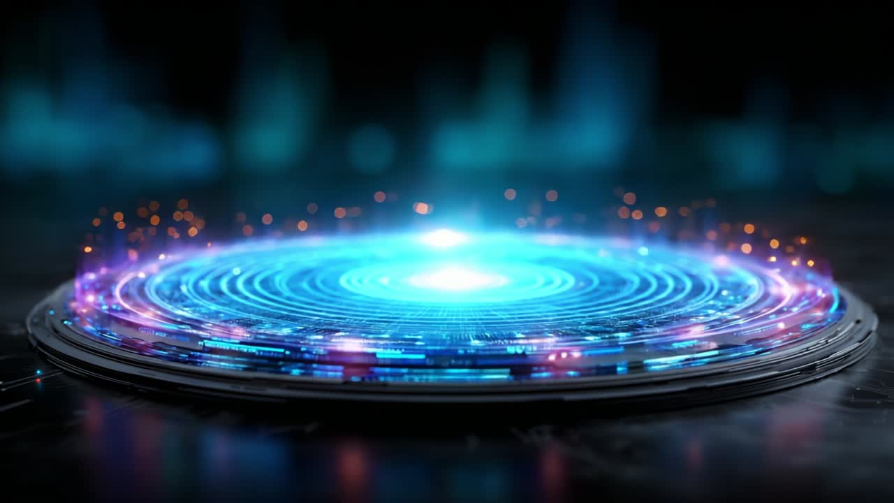 A mesmerizing and dynamic display of luminous energy emanating from a circular platform, showcasing a vibrant interplay of colors and glowing effects, evoking futuristic themes and advanced technology