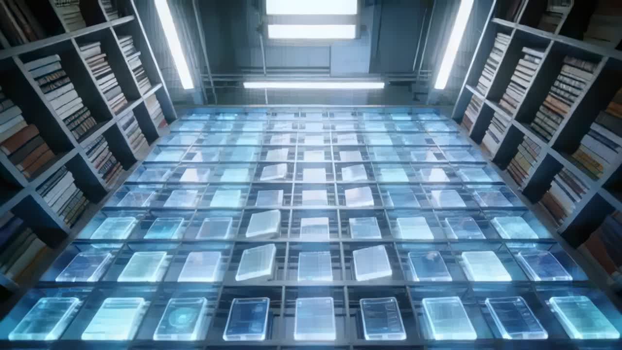 Receiving signal, blue-lit panel grid pivoting open in archive, books sliding, hologram rising