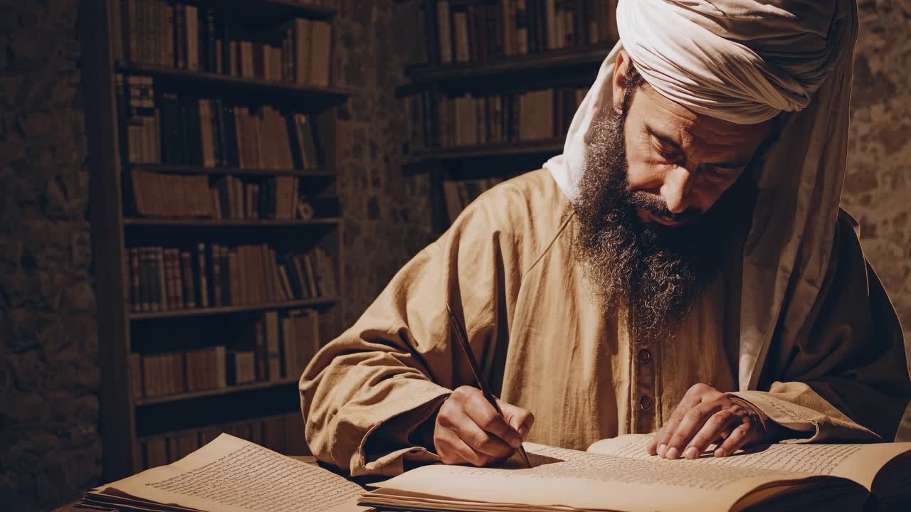 Uno studioso medievale scrive a lume di candela in una biblioteca di pietra.
