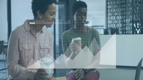 business data analysis animation over colleagues holding coffee cups in office