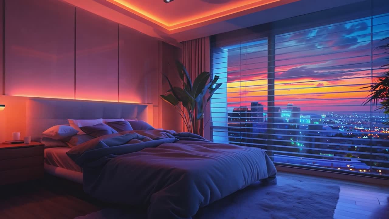 Modern bedroom with a city view at sunset