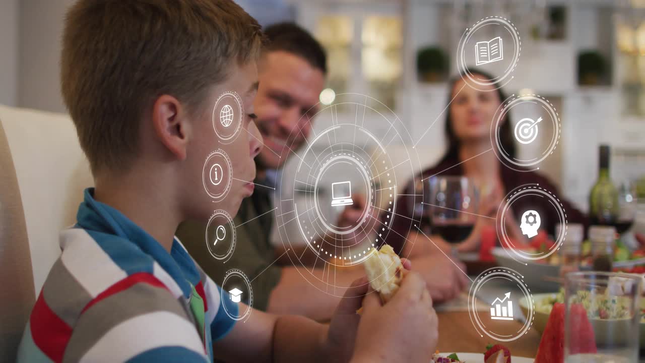 Boy taking large sandwich bite causing tech HUD overlaying during family meal, mom and dad smiling