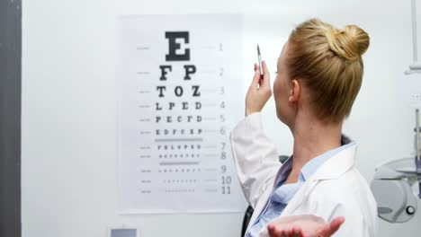 female optometrist pointing at eye chart