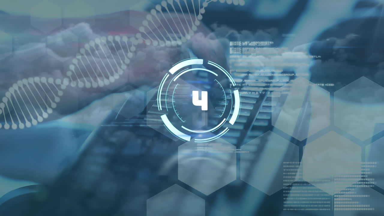 animación del escaneo del alcance, la cadena de adn y el procesamiento de datos sobre las manos escribiendo en el teclado